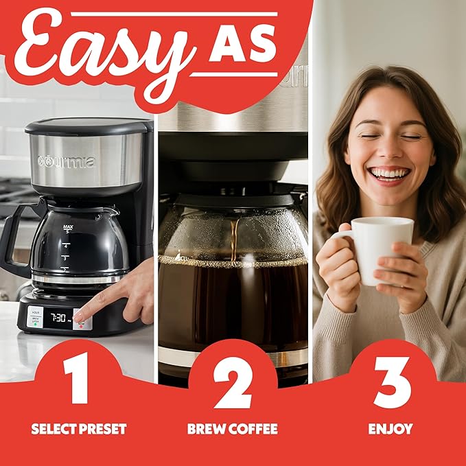 Gourmia Drip Coffee Maker – 5 Cup, One-Touch Brew, Pause & Serve, Adjustable 4 Hr Keep Warm, EZ-View Water Window, Black