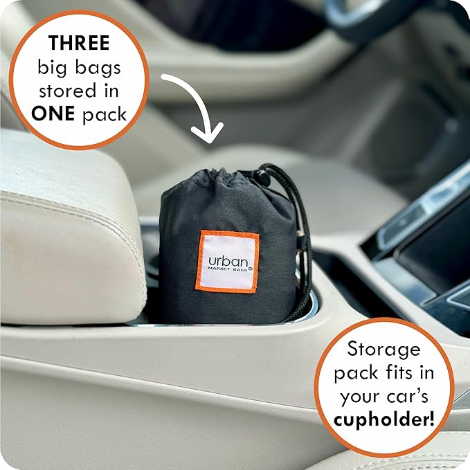 Urban Market Bags - Onyx - 3 Foldable Reusable Shopping Bags in 1 Compact Pouch, Luxury Quality, Recycled Fabric, Holds 50+ lbs, Machine Washable, Pouch Fits in Cupholder, Designed in California