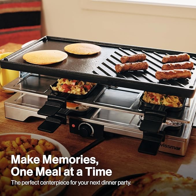 Swissmar Verso Indoor & Outdoor Raclette Grill with Cast Iron Reversible Griddle / Grill Top - 1700W Electric Raclette Set with PFAS-Free Nonstick Dishes, Variable Heat Control, 8-Person