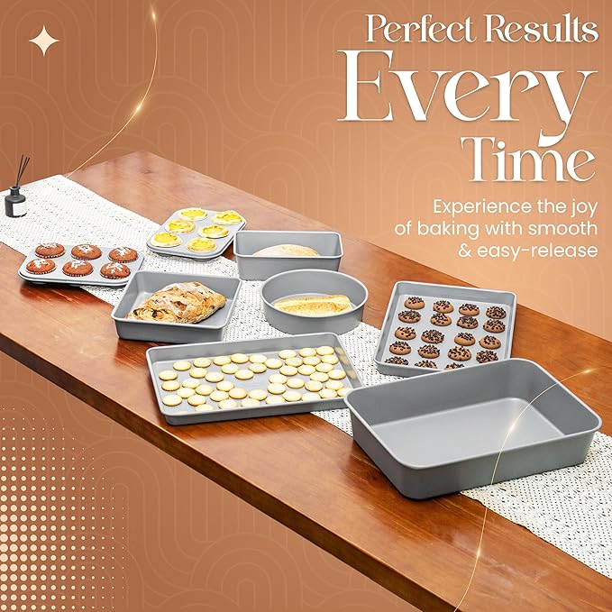 Nonstick Bakeware Set 8 Piece - Stackable Baking Pan Set, Oven safe 450°F, Carbon Steel Baking Set with Muffin, Loaf, Cookie Sheets & Roaster, Easy Storage, BPA-Free (Gray)