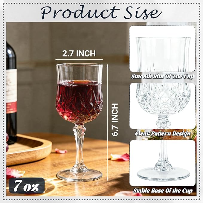 Plastic Wine Glasses, Plastic Goblets Vintage Style Cordial Unbreakable Drinking Glasses, Reusable Drinkware for Wedding Reception, Grand Event Party Supplies,Mother's Day(48, Transparent)