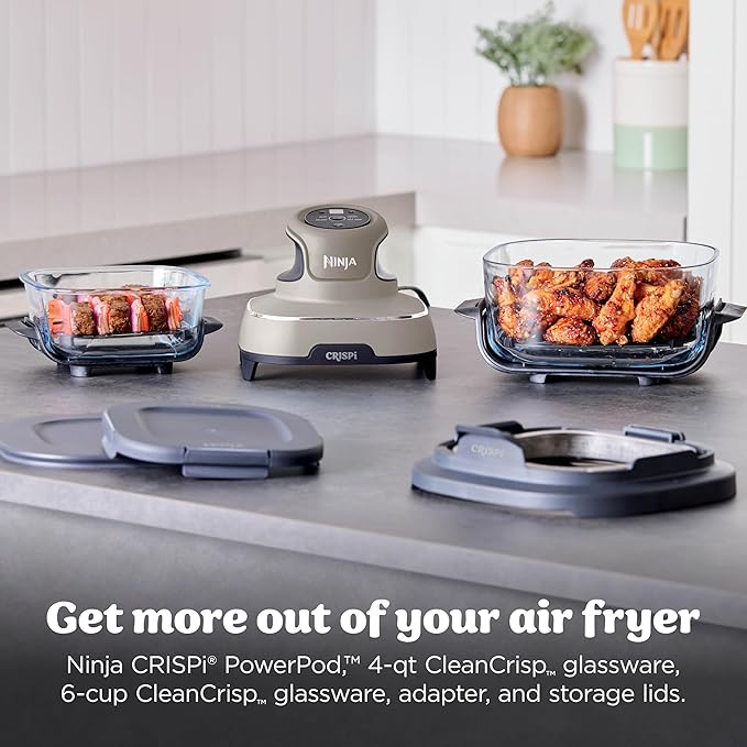 Ninja Crispi 4-in-1 Glass Air Fryer | 450°F | Non-Toxic | 4QT & 6-Cup Glass Containers w/Lids | Microwave, Freezer, Dishwasher Safe | Max Crisp, Air Fry, Bake, Recrisp | Stone | FN101ST
