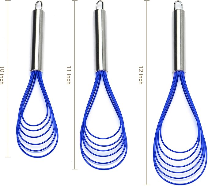 Flat Whisk Set,Stainless Steel 3 Pack 10''+11''+12'' Premium Sturdy-6 Silicone Heads Non Stick Wires Whisk for Blending Beating Stirring Kitchen Cooking by Jell-Cell (Blue)