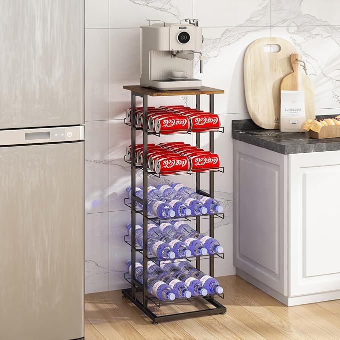 GILLAS 6 Tier with Wooden Top Water Bottle Storage with Wooden Tabletop,Metal Beverage Can Rack,Large Capacity Bottled Rack Water Bottle Holder Stand for Cabinet,Countertop Kitchen,Party,Black