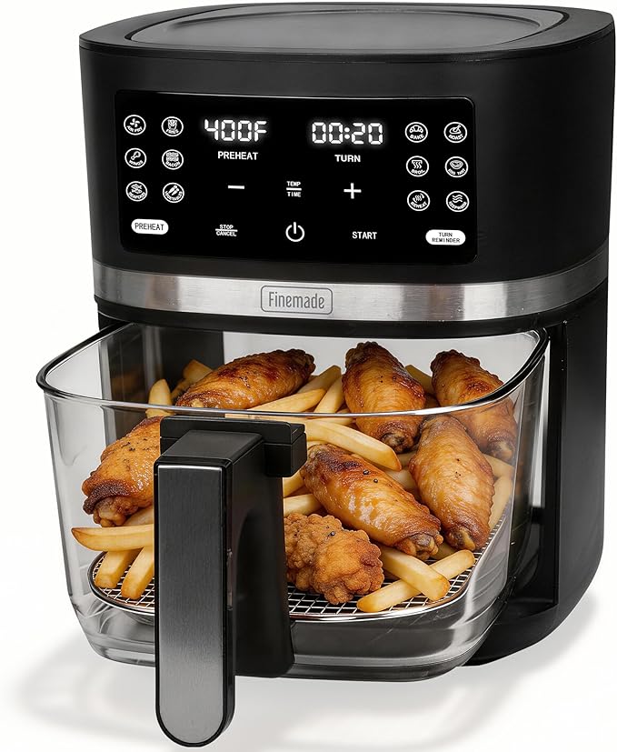 FineMade 12-in-1 Glass Air Fryer Non Toxic,4.5 Quart, Dishwasher-Safe Air fryer Glass Basket, Freidora De Aire De Vidrio, Temperature & Time Programable, PFOA & PFAS Free, Graphite