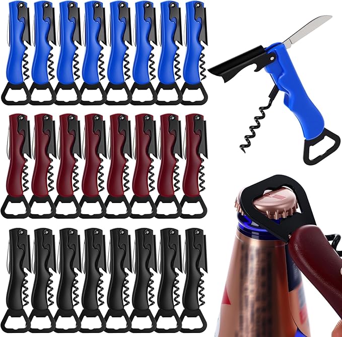 Hushee 24 Pcs Wine Opener Bulk with Foil Cutter Corkscrew Key 3 in 1 Red Bottle Opener Professional Stainless Steel Beer Corkscrew for Beverages Bartenders Summer Party (Black,Blue,Wine Red)