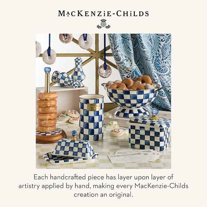 MACKENZIE-CHILDS Enamel Recipe Box, Index Card Box with Lid, Includes 40 Recipe Cards, Blue-and-White Royal Check