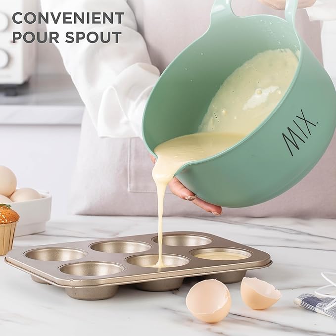 Rae Dunn Non-Slip Mixing Bowls - 4 Piece Nesting Plastic Mixing Bowl Set with Pour Spouts and Handles-Measurement Markings (Sage)