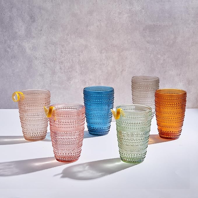 Khen Beaded Highball Tumbler Drinking Glasses Set | Set of 6 | Vintage Hobnail Bubble Design Whiskey Glassware, Old-Fashioned, Art Deco Glass for Water, Wine, Cocktail Dishwasher Safe (14.6 OZ)