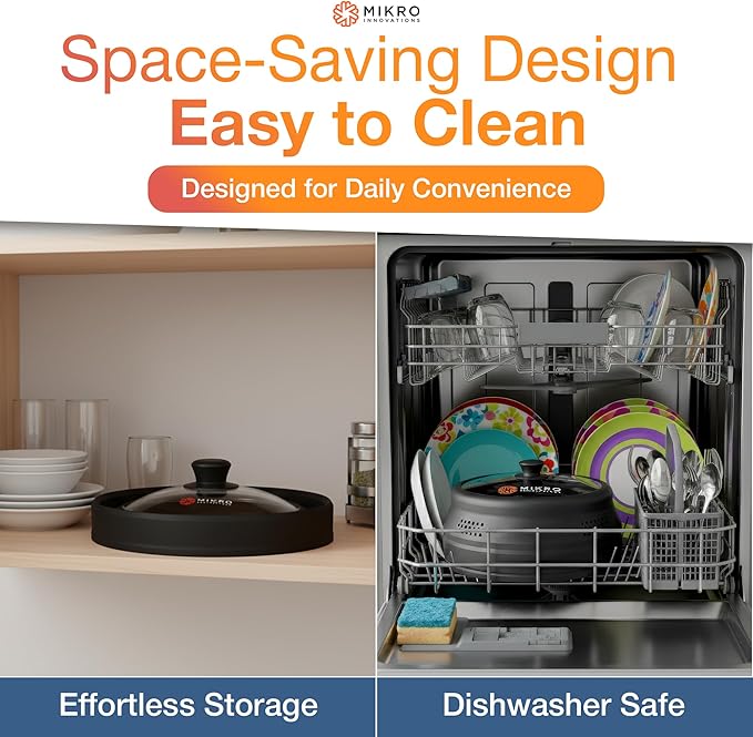 Mikro Innovations Glass & Silicone Microwave Splatter Cover – Tall and Collapsible Design that fits 6-10.5in Plates and Bowls - Space Saving, BPA Free & Dishwasher Safe (1, Black, large)