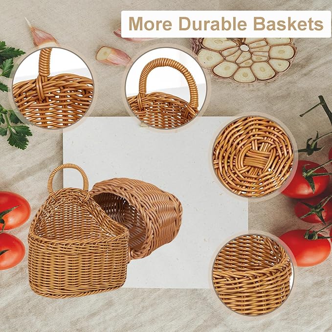2Pcs Hanging Storage Baskets, Plastic Woven Hanging Basket with Hook, Flower Bin with Handle Kitchen Wall Basket for Ginger Garlic(Brown)