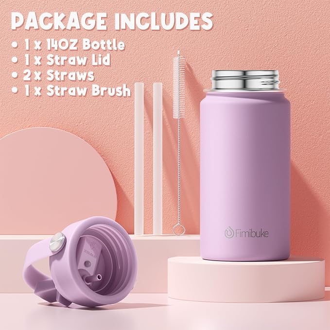 Fimibuke Kids Insulated Water Bottle - 14oz BPA-FREE 18/8 Stainless Steel Travel Tumbler Leak Proof Double Wall Vacuum Kid Cup with Straw Metal Water Bottle for School Boys Girls(1 Pack, Cotton Candy)