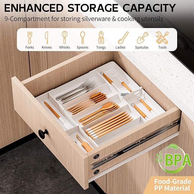Jolitac Expandable Large Silverware Drawer Organizer - Adjustable Utensil Tray & Cutlery Holder, Plastic Storage for Spoons, Forks, Knives | Multipurpose Kitchen Organizers and Storage Solution, White