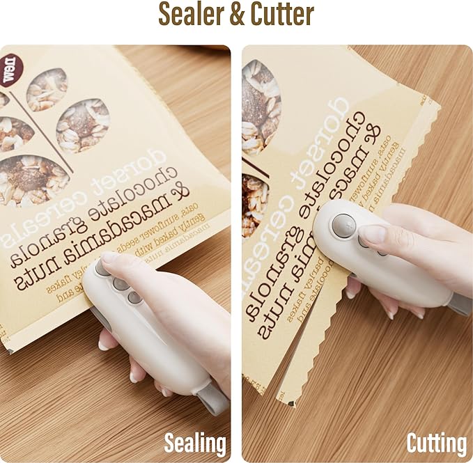 Mini Bag Sealer with Cutter, Rechargeable, Handheld Heat Sealer Machine with Magnetic, Portable Bag Sealer Heat Seal for Keep Food Fresh and Snacks Crispy. White