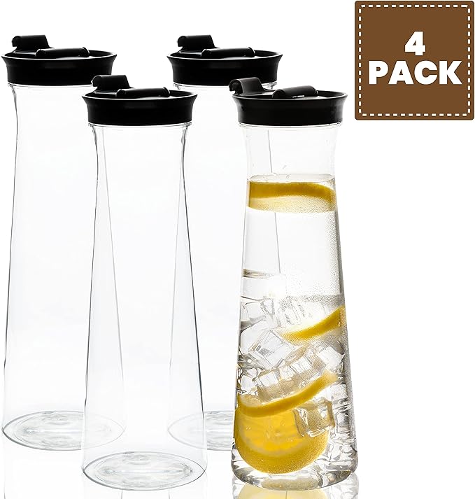 Clear Plastic Water Pitchers Carafes with Flip top Black Lids 34 OZ Heavy Duty Beverage Pitcher Jug for Juice or iced Coffee Great for Mimosa bar Restuarants ot Schools Pack of 4