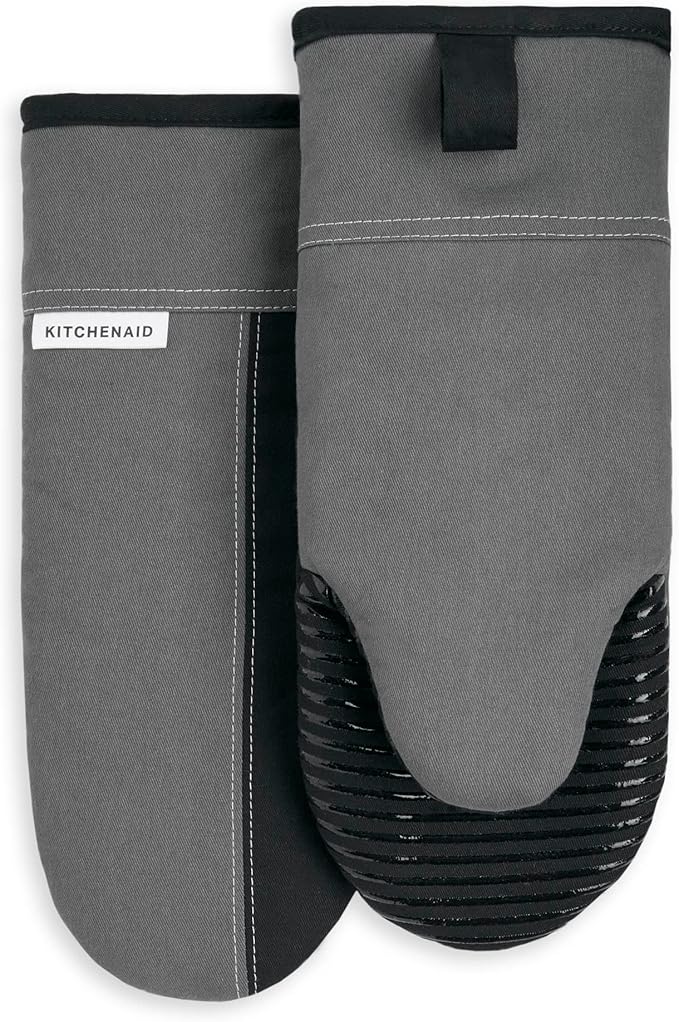 KitchenAid Ribbed Soft Silicone Pot Holder Set, Charcoal Grey 7"x9" & Beacon Two-Tone Non-Slip Oven Mitt Set, Contour Silver/Onyx Black, 5.75"x13", 2 Piece