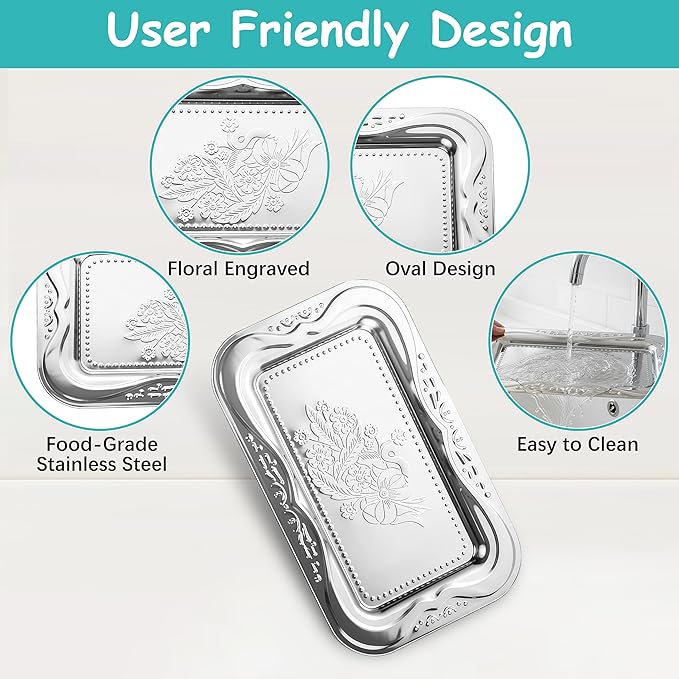 6-Pack Silver Serving Trays Set (14" x 9") – Bow Floral Engraved Serving Platters for Parties, Weddings, Birthdays, Festive Occasions – Mirror Trays for Charcuterie, Cookies, Desserts, Snacks, Fruit