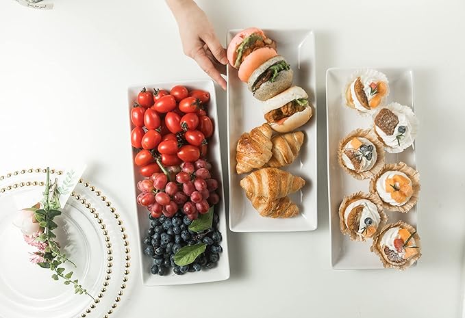 Gomakren 3 Tier Serving Trays Stand 14 Inches Serving Platters Rectangular Large Serving Plates for Party Display Set Collapsible Sturdier Rack, White Serving Trays and Platters