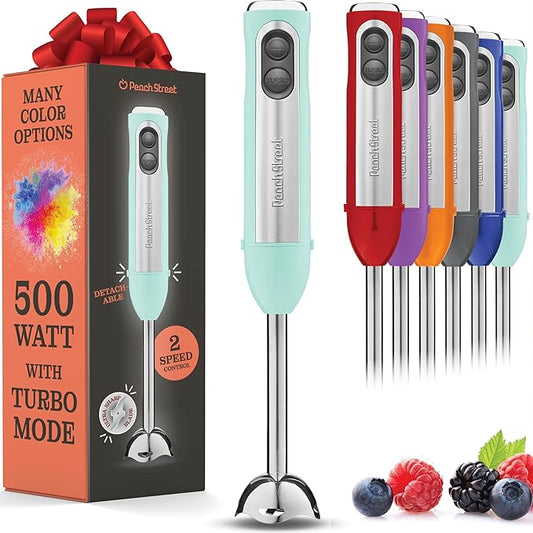 Powerful Immersion Blender, Electric Hand Blender 500 Watt with Turbo Mode, Detachable Base. Handheld Kitchen Blender Stick for Soup, Smoothie, Puree, Baby Food, 304 Stainless Steel Blades (Aqua)