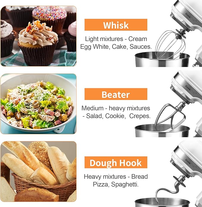 Geek Chef Electric Stand Mixer, 4.8QT 12 Speeds Tilt-head Food Mixer with Dough Hook, Whisk, Beater, Bowl, Rotary Knob for Home Kitchen Use, Silver White