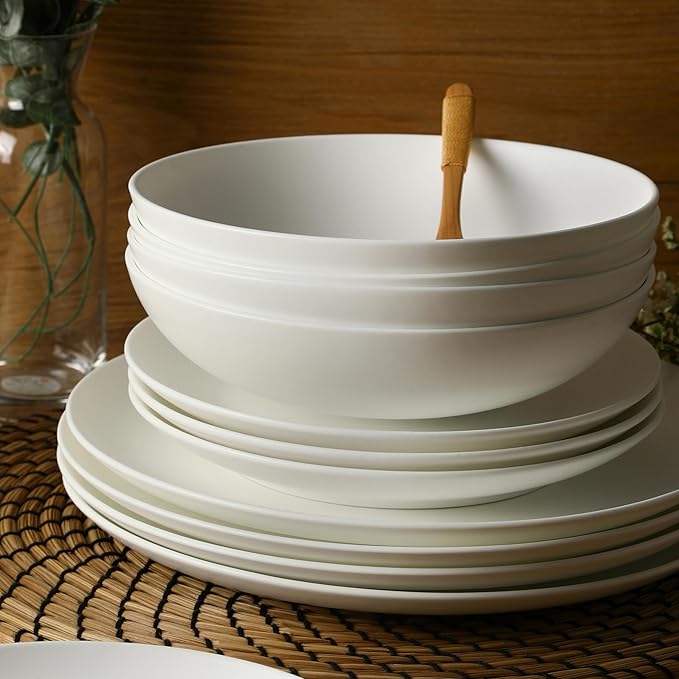 Stone Lain Taglio 12-Piece Dinnerware Set Bone China, Matte White