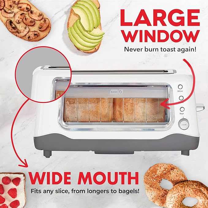 Dash Clear View Toaster - Features Large Window & Extra-Wide Slots - Auto-Shut Off Feature - Bagel Functions, & Seven-Browning Levels - 1-Touch Defrost - White