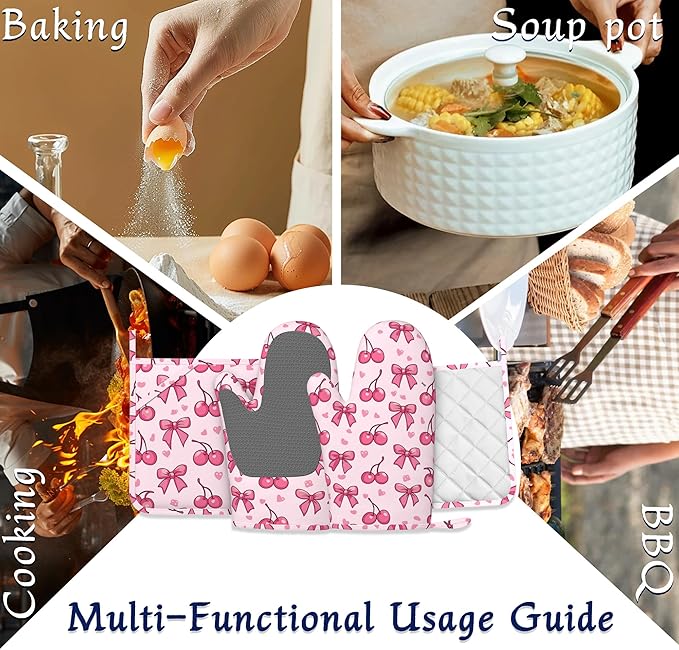 Cute Bows Cherry Oven Mitts and Pot Holders Sets of 4 Pink Love Heart Heat Resistant Silicone Oven Mits Gloves Non-Slip Kitchen Mittens Potholders for Cooking Baking Grilling BBQ