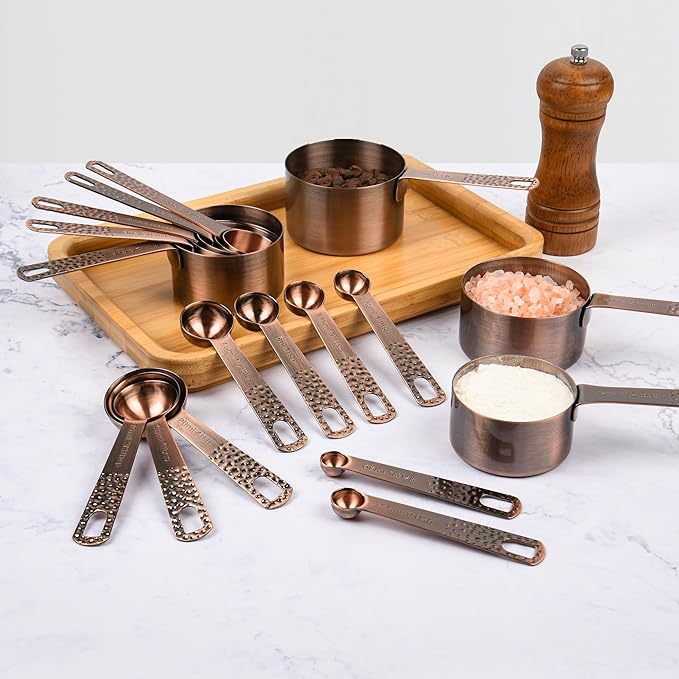 Smithcraft Copper Measuring Cups and Spoons Set, Stainless Steel Measuring Cups Spoons, Metal Metric & US 8 Measure Cup, 9 Kicthen Measure Spoons & Leveler for Baking & Kitchen