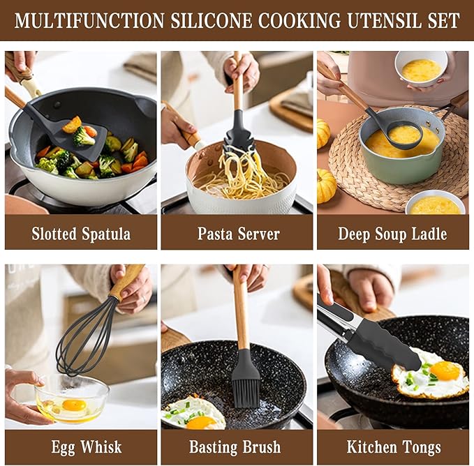 Umite Chef Kitchen Cooking Utensils Set, 33 pcs Non-stick Silicone Spatula Set with Holder, Woodle Handle Heat Resistant Gadgets Utensil (Gray)