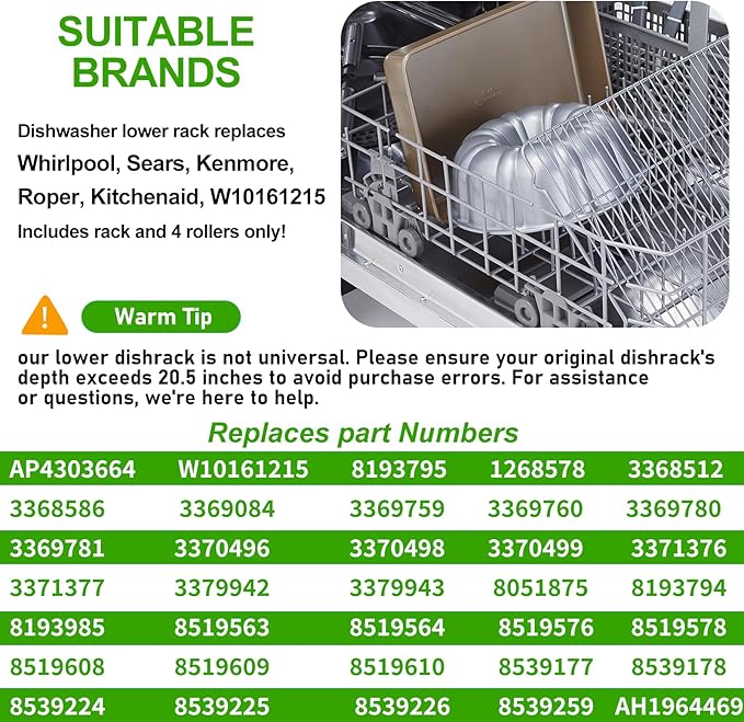 W10161215 Upgraded Lower Dishwasher Rack for Whirlpool - OEM Replacement (Fits AP4303664,WDF510PAYS2) - Deep 20.5" x 20.5" x 6",Measure Carefully Before Buyin