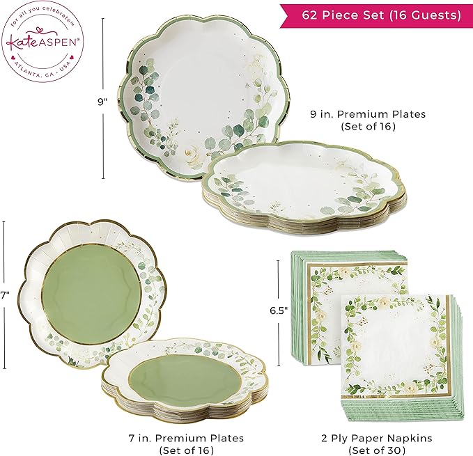 Kate Aspen Sage Green Party Decorations, Eucalyptus Floral Botanical Garden 62 Piece Plates and Napkins Party Supplies (16 Guests) Greenery Baby Shower Decorations & Bridal Shower Decor