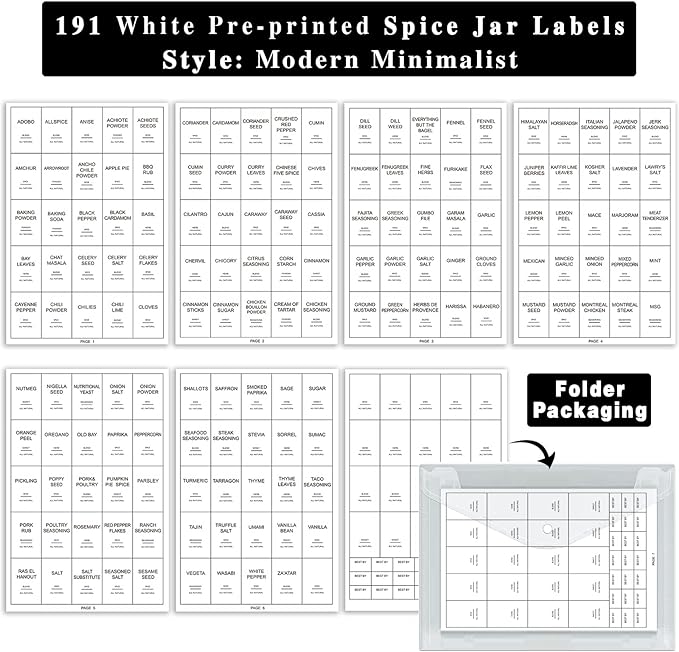 GPOVVIMX 191 Spice Jar Labels Preprinted Minimalist Stickers - White Waterproof Label - Fit Round or Rectangle Spice Jars - Herb Seasoning Kitchen Pantry Labels