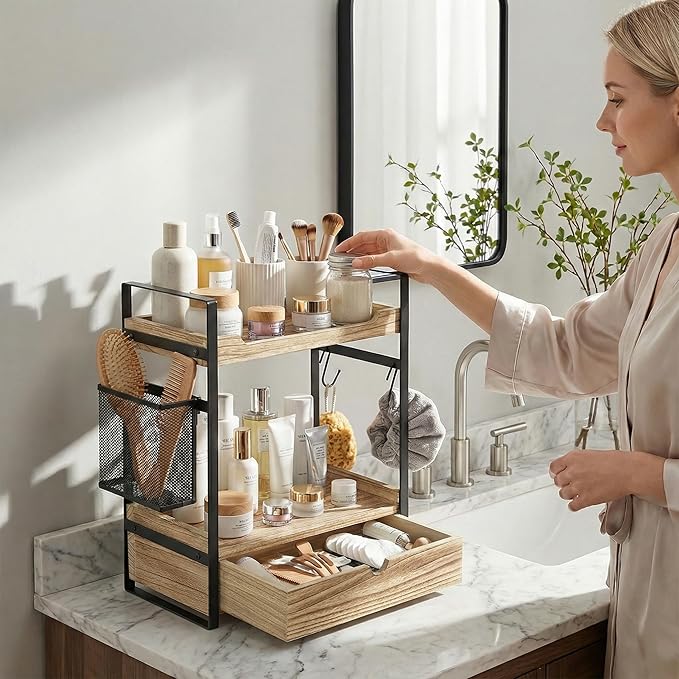 Coffee Station Organizer Countertop, Wooden Coffee Bar Accessories Organizer with Basket, 2 Mug Holder Hooks and Pod Drawer, Multifunctional 2 Tier Countertop Organizer for Kitchen, Bathroom, Office
