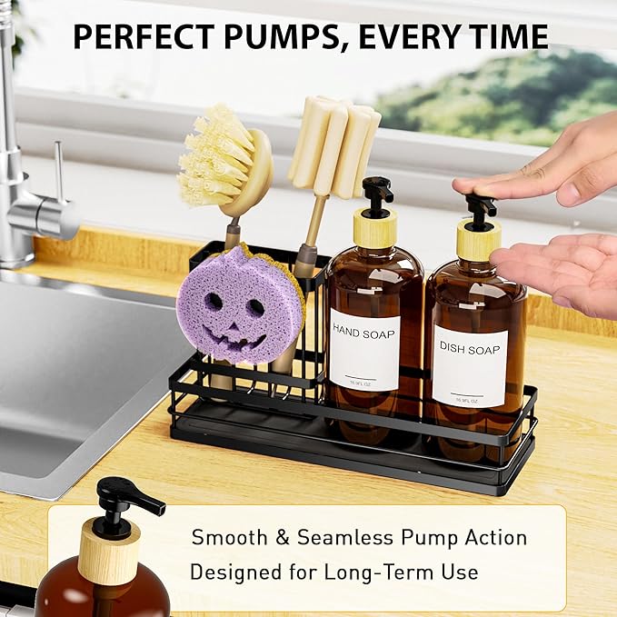 Moforoco Kitchen Dish Soap Dispenser Set, 16OZ Glass Bottle, Hand and Dish Soap Dispenser Set, Instant Dry Tray, Brush Holder with Smiley Face Sponge Holder (Black Tray+Amber Bottle+Labels)