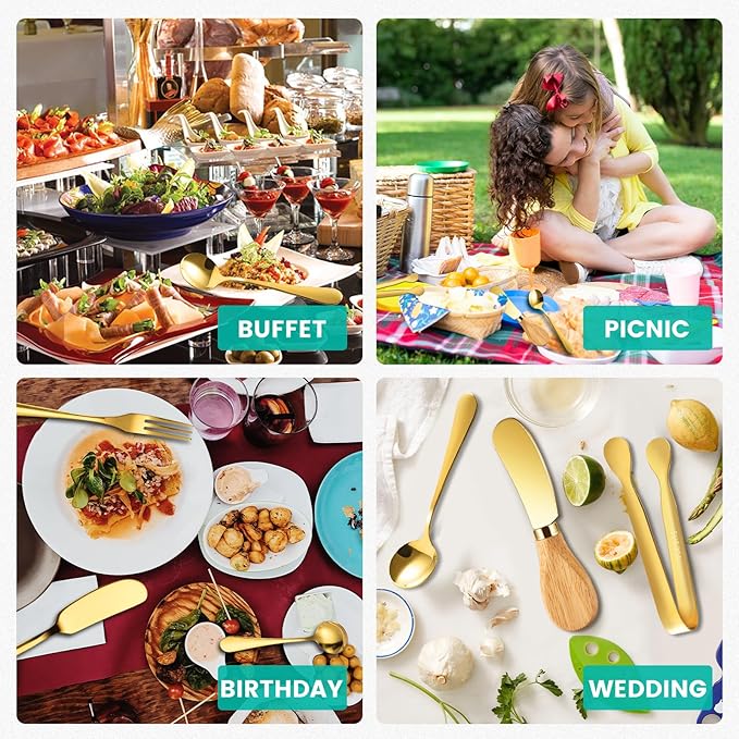 Charcuterie Board Accessories With 3 Oz Ceramic Dip Bowls, Wooden Handle Gold Cheese Spreader Butter Knive Set Kit, Mini Tongs, Spoons, Forks,Honey Dipper, Cocktail Picks