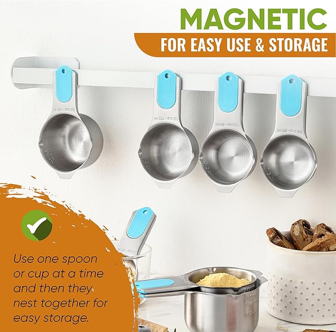 Spring Chef Magnetic Measuring Cups & Spoons Set, Patented, Strong Magnets, Heavy Duty Stainless Steel Fits in Spice Jars for Baking & Cooking, BPA Free, Round Set of 15 with Leveler, Aqua Sky