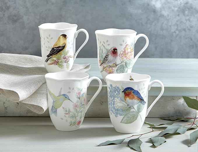 Lenox Coffee Mug Set, Butterfly Meadow Flutter 4-Piece Mugs, Service For 4, 12 Ounce Mug, Chip Resistant White Porcelain, Microwave And Dishwasher Safe, Ceramic Mugs, Coffee Cups (Assorted, 4 Piece)