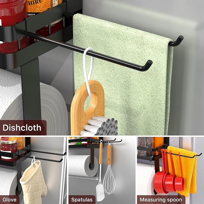 ZUNTO Magnetic Paper Towel Holder for Fridge, Black Kitchen Organizer with Towel Roll Holder, Spice Shelf and 2 Hanging Racks(No Drilling)