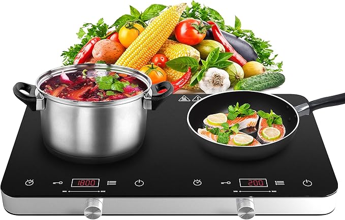 COOKTRON Double Induction Cooktop Burner, 1800w 2 burner Induction Cooker Cooktop, 10 Temperature 9 Power Settings Portable Electric Countertop Burner Touch Stove with Child Safety Lock & Timer