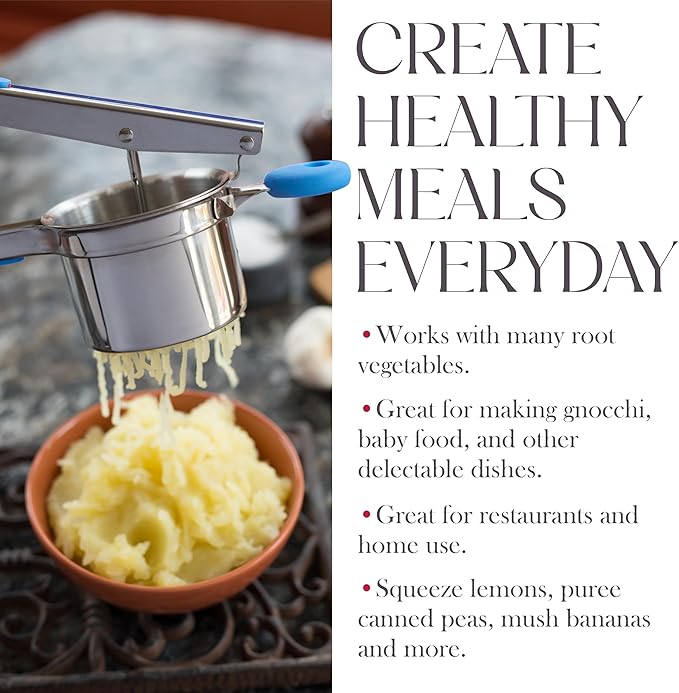 Bellemain 15 oz Large Potato Ricer | Heavy-Duty Stainless Steel Ricer & Masher | Perfect for Mashed Potatoes | Kitchen Tool with 3 Interchangeable Discs (Blue)