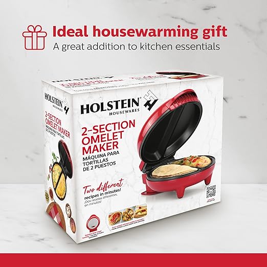Holstein Housewares Stainless Steel 2 Section Omelet & Frittata Maker, Non Stick Coating, Easy To Clean, Indicator Lights, Compact Storage, Prepare Versatile Recipes in Minutes. 2 Portions, Red