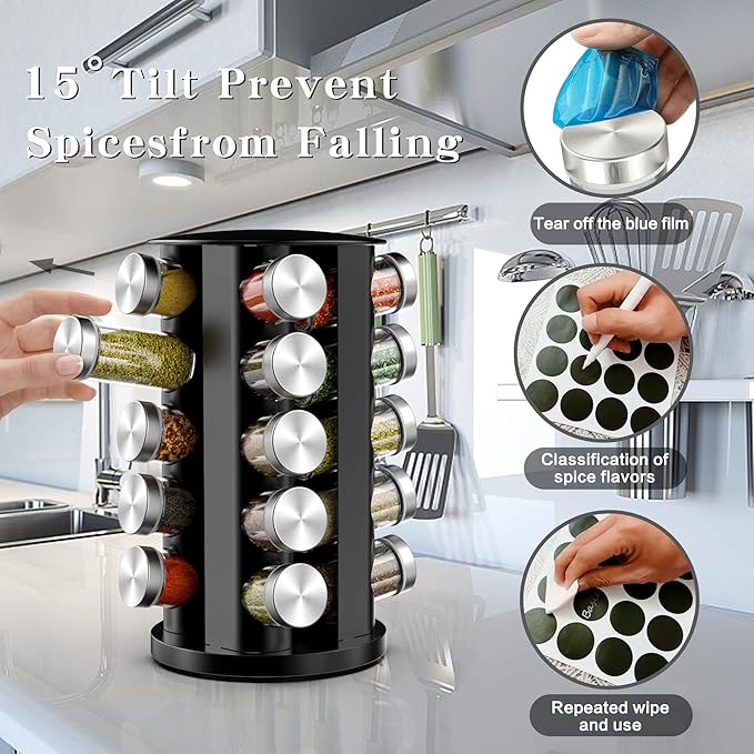 Handisen Rotating Spice Rack Organizer for Cabinet, Spice Racks Storage with 20 Jars, Spinning Spice rack for Kitchen Countertop, Spice Holder,Seasoing Storage Racks, Silver