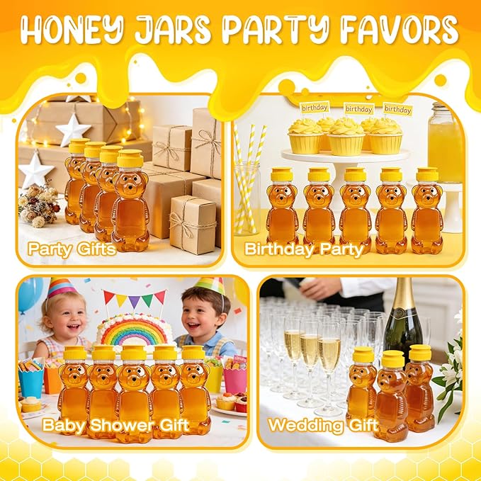 36 Pcs Honey Bear Bottle, 8oz Plastic Honey Squeeze Bottle Honeybear Squeeze Jars, Cute Empty Container with Yellow Flip-top Lid for Syrup Sauce Juice Storing and Dispensing Party Favors