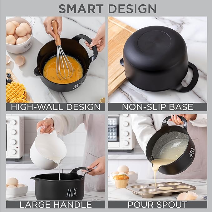Rae Dunn Non-Slip Mixing Bowls - 4 Piece Nesting Plastic Mixing Bowl Set with Pour Spouts and Handles-Measurement Markings (Black)