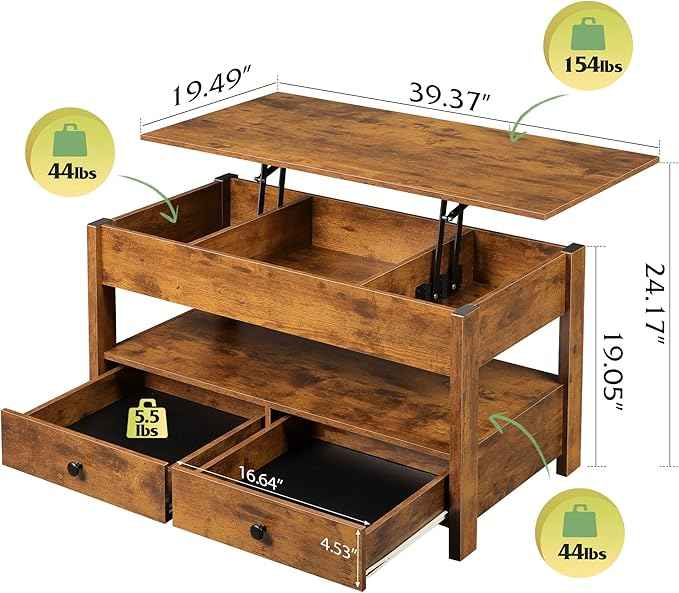 WLIVE Coffee Table, Lift Top Coffee Table with 2 Drawers, Large Hidden Compartment and Open Storage Shelf, Lift Tabletop, Dining Table for Living Room, Rustic Brown