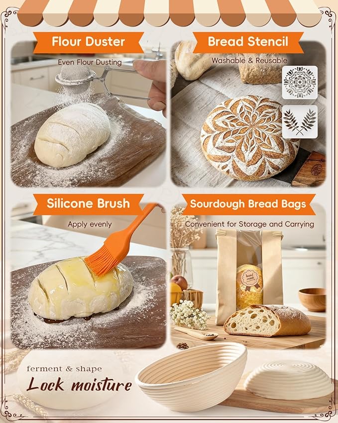 Complete Sourdough Starter Kit | Easy to Clean & Use for Beginners & Bakers | Natural Rattan Proofing Basket with Full Accessories | Sourdough Bread Baking Supplies for Bakers Women Wife