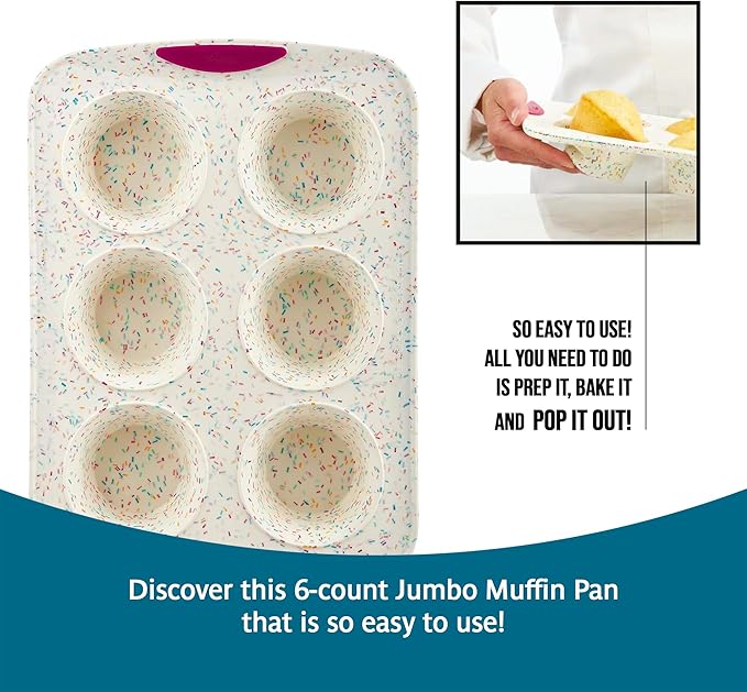 Trudeau Structure White Confetti 6-Cup Jumbo Muffin Pan – Premium Steel-Reinforced Silicone Bakeware, Nonstick BPA-Free Cupcake & Muffin Mold – Oven, Freezer & Dishwasher Safe
