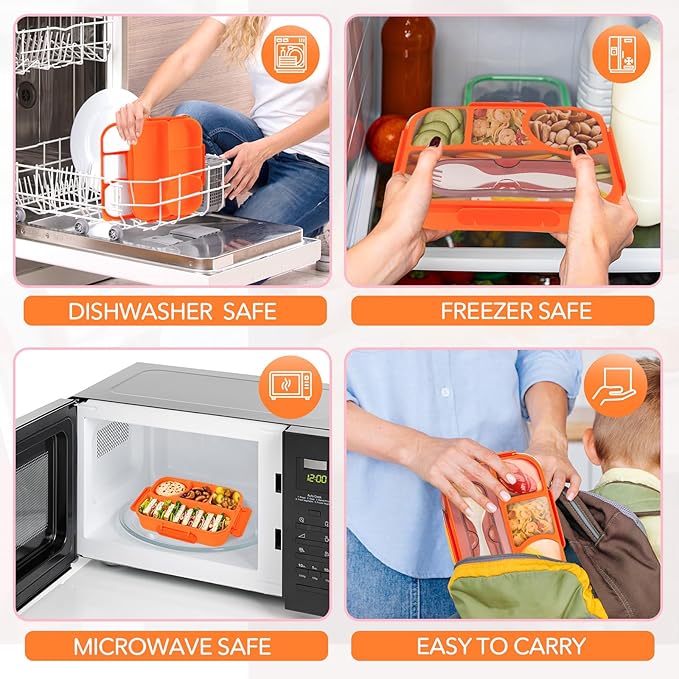 EASYFUN Bento Box Adult, Lunch Box, 4-Compartment Lunch Containers, Drop-Proof, Dishwasher Safe & Made with BPA-Free Materials (Orange)