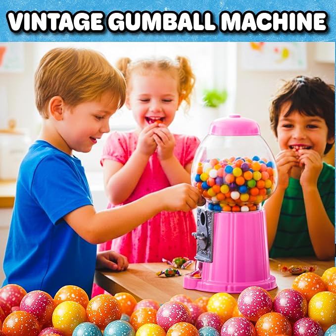 11-Inch Mini Gumball Machine - Vintage Candy Dispenser with Glass Globe, Metal Base, and Free Spin Coin Mechanism by Great Northern Popcorn (Pink)