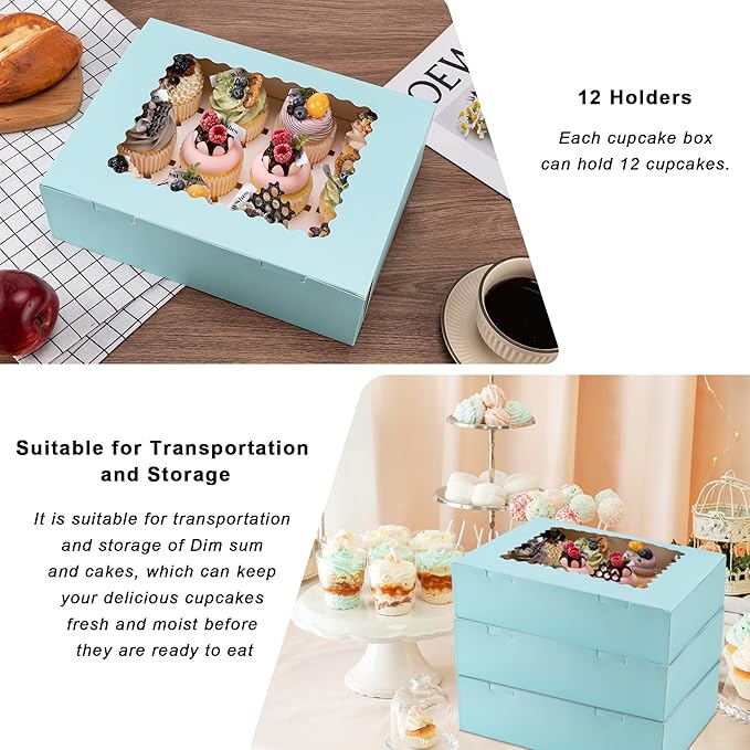Hoewina 6PCS Cupcake Boxes - Hold 12 Count Cupcake Containers with Window, Food Grade Cupcake Holder Easy Transport and Presentation - Ideal for Cupcakes, Desserts, and More (Baby Blue)